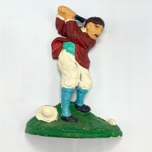 VTG Cast Iron Hand Painted Man Golfing Doorstop Figure 8x5.5” Great Condition